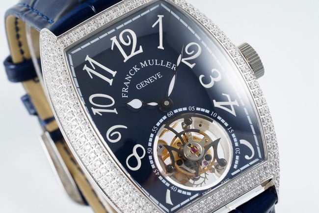 top-tier Frank Muller watch men's blue dial blue band tourbillon manual winding mechanical leather strap front view