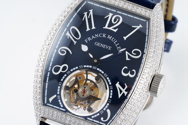 top-tier Frank Muller watch men's blue dial blue band tourbillon manual winding mechanical leather strap front view