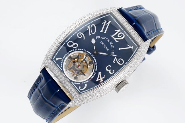 top-tier Frank Muller watch men's blue dial blue band tourbillon manual winding mechanical leather strap front view