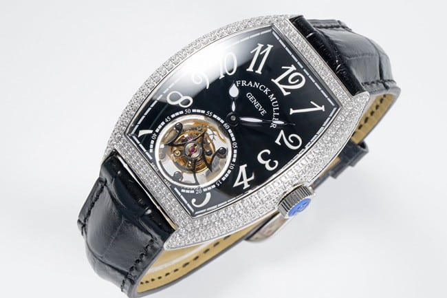 top-tier Frank Muller high-quality men's black dial black belt manual winding mechanical leather strap watch front view