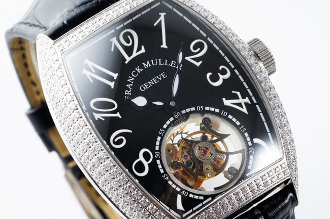 top-tier Frank Muller high-quality men's black dial black belt manual winding mechanical leather strap watch front view