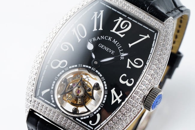 top-tier Frank Muller high-quality men's black dial black belt manual winding mechanical leather strap watch front view
