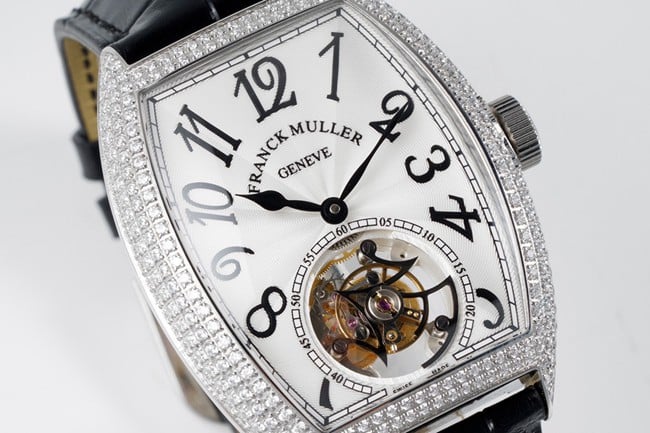 top-tier Frank Muller men's watch white dial black belt manual winding mechanical tourbillonleather strap front view