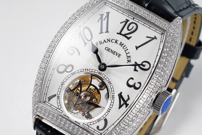 top-tier Frank Muller men's watch white dial black belt manual winding mechanical tourbillonleather strap front view