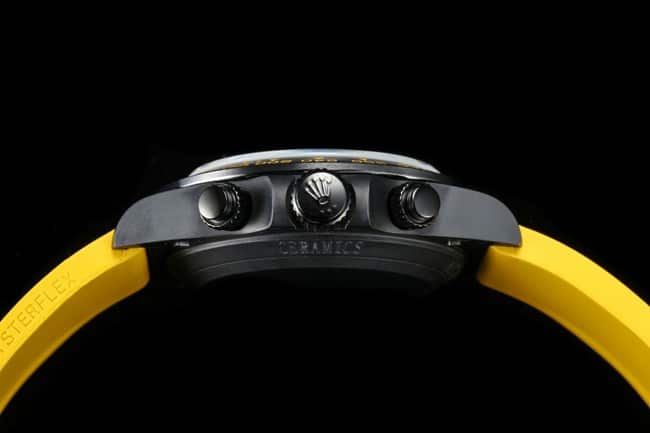 TW factory top-tier replicaRolexDaytona men's black dial yellow rubber strap full automatic movement watch side view