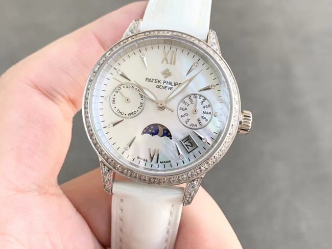 Patek Philippetop-tier watch fully automatic movement women's white dialleather strap front view
