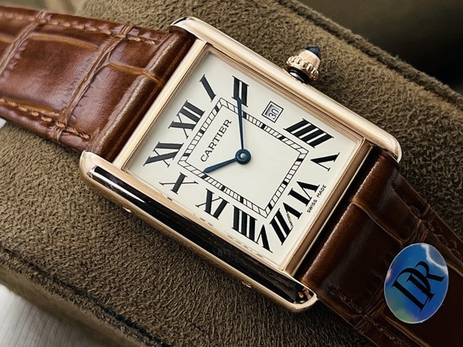 DR factory top-tier replicaCartiersuper fully automatic movement tank series couple series leather strapwhite dial brown belt watch front view