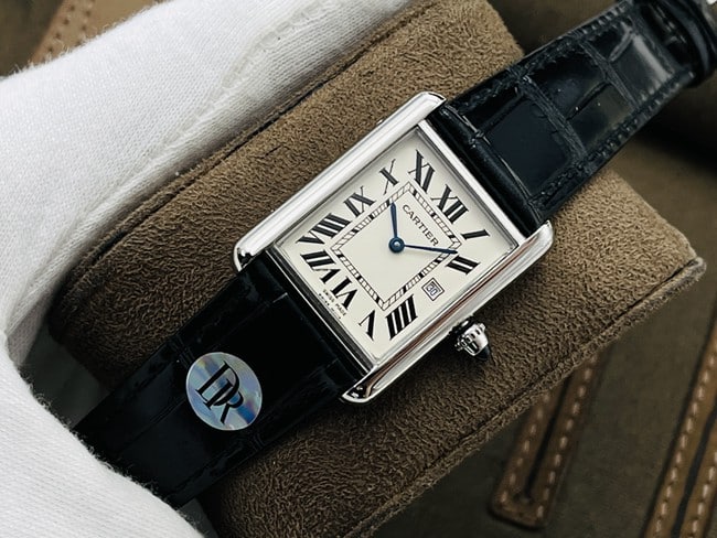 DR factory Cartiertop-tier watch tank series ladies white dial black belt fully automatic movementleather strap watch front view