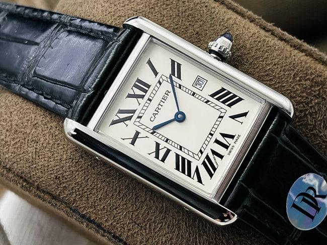 DR factory Cartiertop-tier watch tank series ladies white dial black belt fully automatic movementleather strap watch front view
