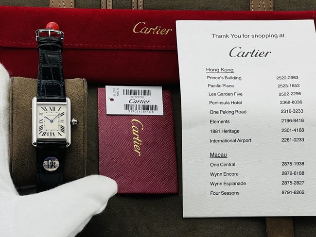 DR factory Cartiertop-tier watch tank series ladies white dial black belt fully automatic movementleather strap watch front view