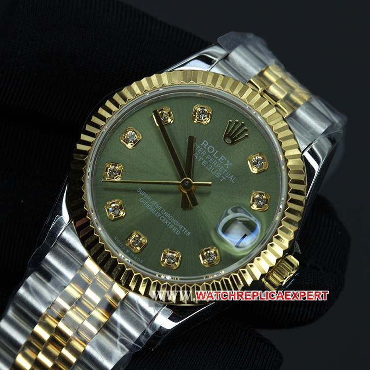 WFRolexreplica women's watch Datejust 28mm gold green dial mechanical water resistance watch front view