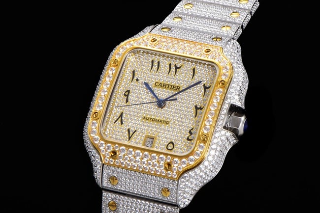 top-tier replicaCartiersuper men's gold disc steel bracelet Santos series Gypsophila full automatic movement watch front view