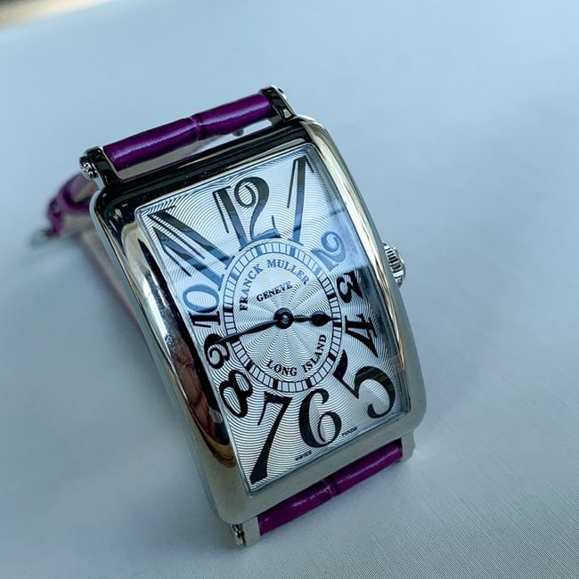 Top Frank Muller Faux Women's White Plate Purple Strap Long Island Series Quartz Belt Watch Front View