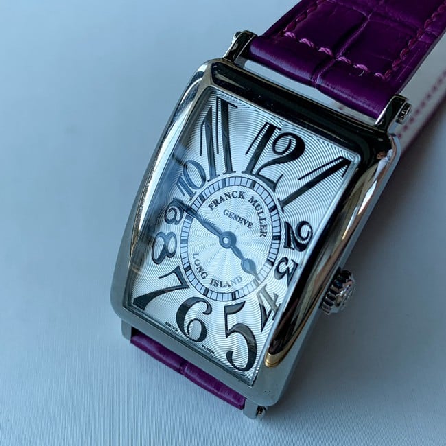 Top Frank Muller Faux Women's White Plate Purple Strap Long Island Series Quartz Belt Watch Front View