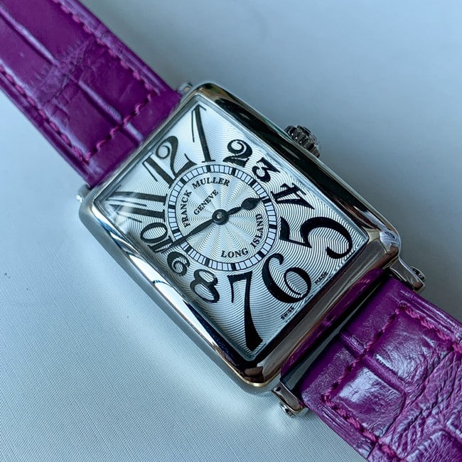 Top Frank Muller Faux Women's White Plate Purple Strap Long Island Series Quartz Belt Watch Front View