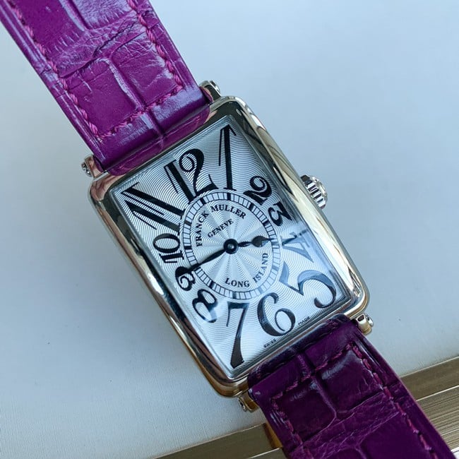 Top Frank Muller Faux Women's White Plate Purple Strap Long Island Series Quartz Belt Watch Front View