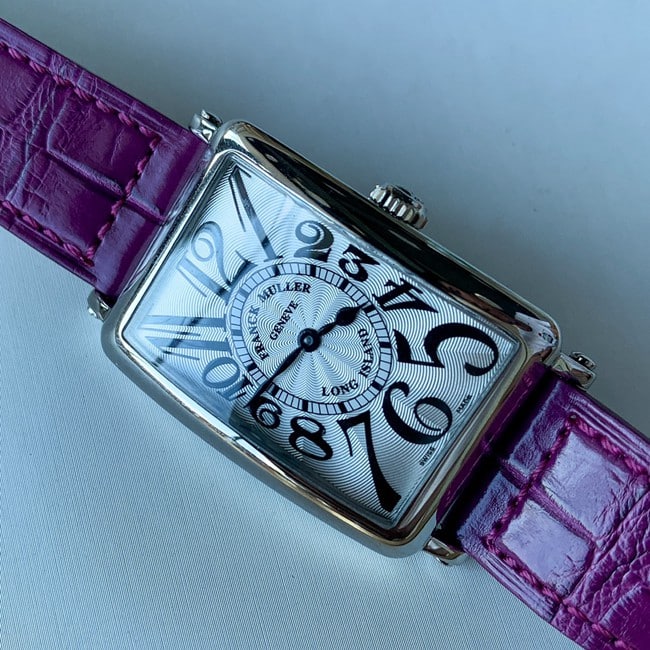 Top Frank Muller Faux Women's White Plate Purple Strap Long Island Series Quartz Belt Watch Front View