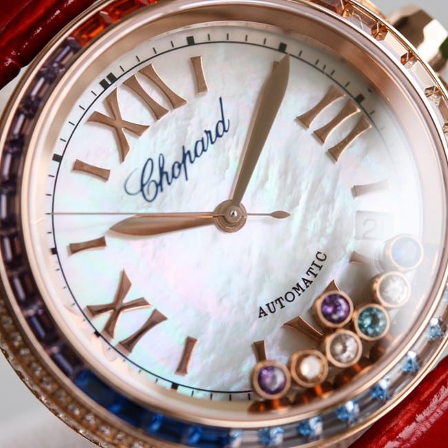 top-tier replicaChopardsuper clonechopard Happy Sport series ladies pink plate pink belt automatic movementleather strap watch front view