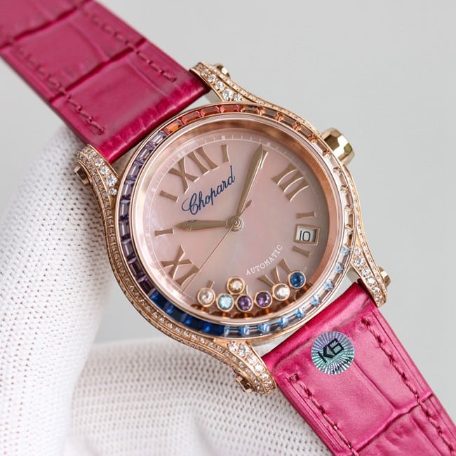 top-tier replicaChopardsuper clonechopard Happy Sport series ladies pink plate pink belt automatic movementleather strap watch front view