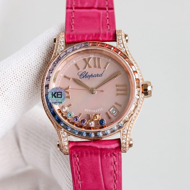 top-tier replicaChopardsuper clonechopard Happy Sport series ladies pink plate pink belt automatic movementleather strap watch front view
