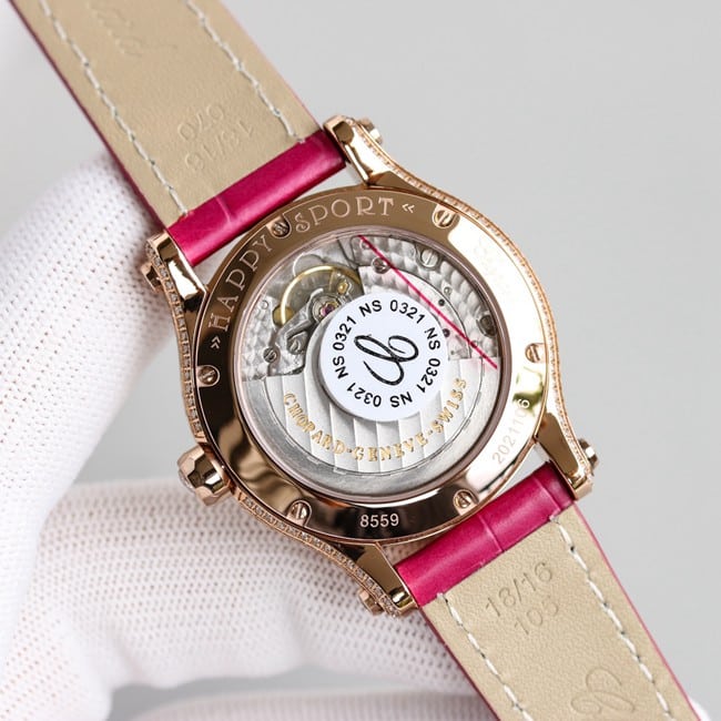 top-tier replicaChopardsuper clonechopard Happy Sport series ladies pink plate pink belt automatic movementleather strap watch movement picture