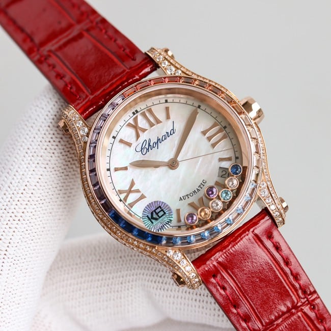 top-tier replicaChopardsuper clonechopard Happy Sport series ladies pink plate pink belt automatic movementleather strap watch front view