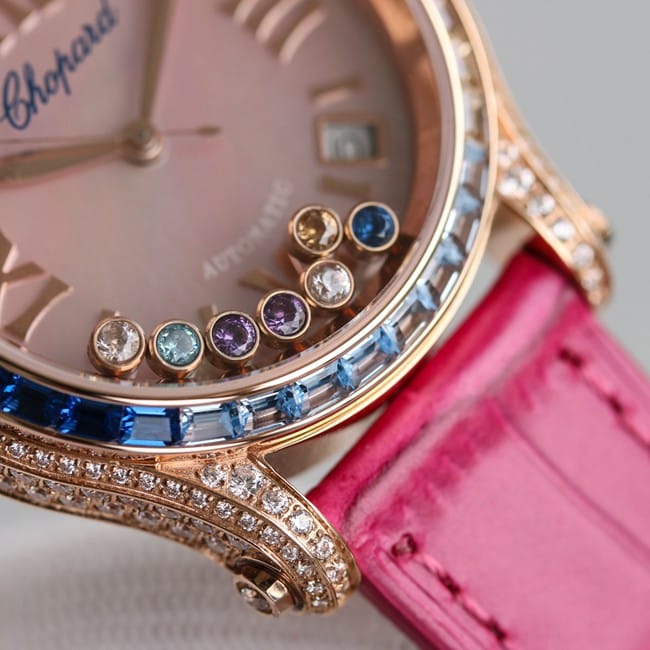 top-tier replicaChopardsuper clonechopard Happy Sport series ladies pink plate pink belt automatic movementleather strap watch detail shots