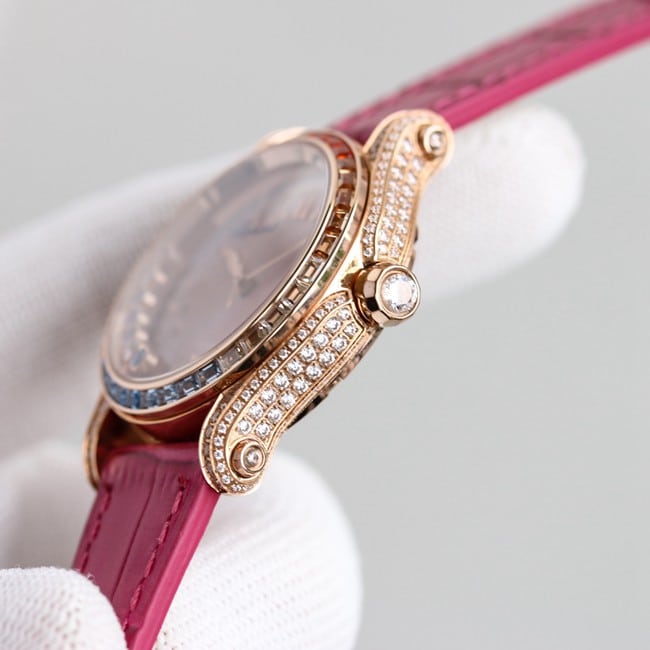 top-tier replicaChopardsuper clonechopard Happy Sport series ladies pink plate pink belt automatic movementleather strap watch side view