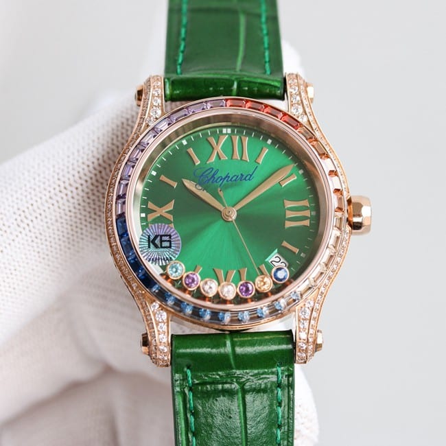top-tier replicaChopardhigh-quality watch women's blue dial blue belt new chopard Happy Sport series mechanical leather strap front view