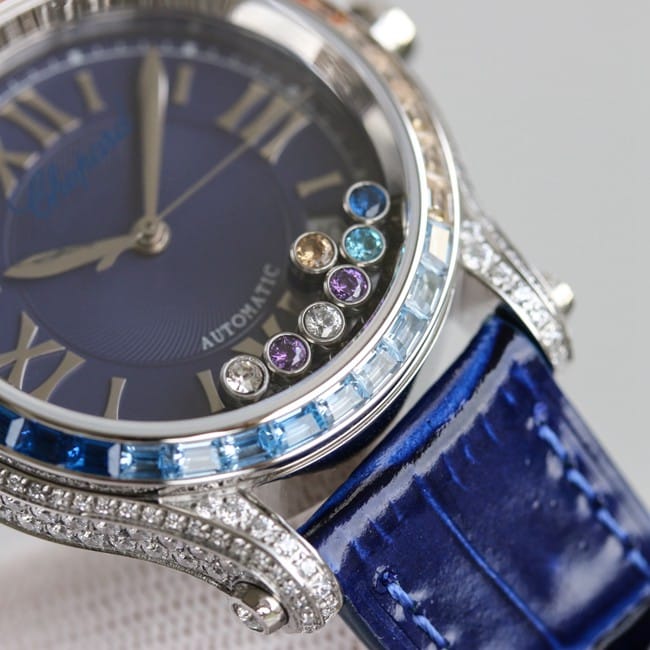 top-tier replicaChopardhigh-quality watch women's blue dial blue belt new chopard Happy Sport series mechanical leather strapdetail shots