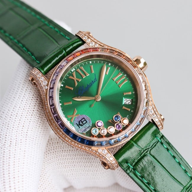 top-tier replicaChopardhigh-quality watch women's blue dial blue belt new chopard Happy Sport series mechanical leather strap front view