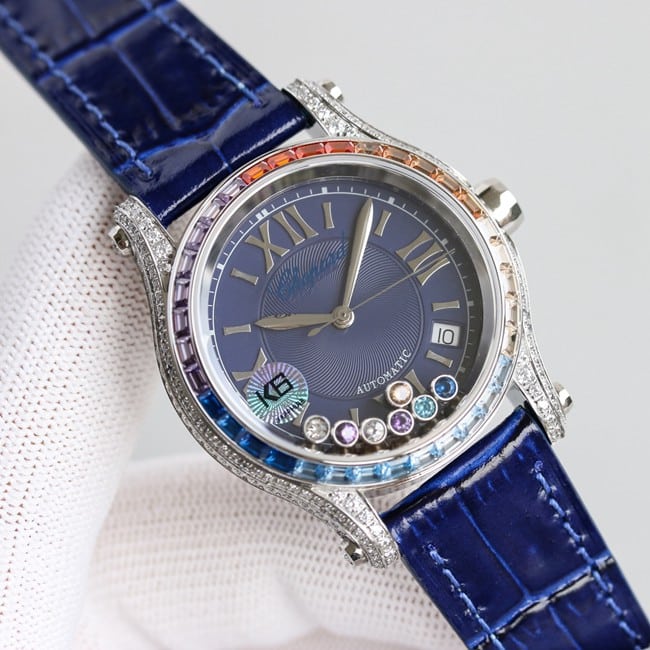 top-tier replicaChopardhigh-quality watch women's blue dial blue belt new chopard Happy Sport series mechanical leather strap front view