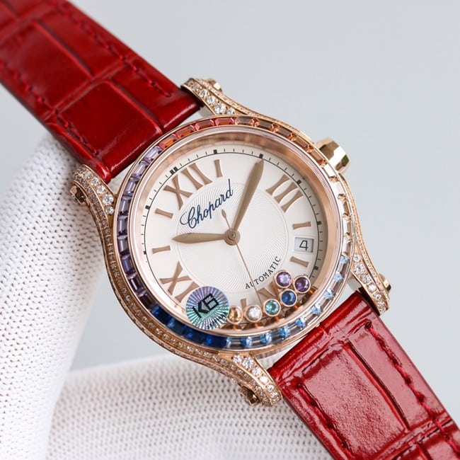 Chopardtop-tier watch chopard Happy Sport series full automatic movement women's white dial black belt front view
