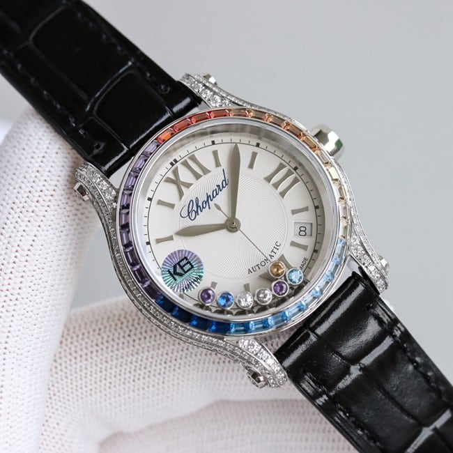 Chopardtop-tier watch chopard Happy Sport series full automatic movement women's white dial black belt front view