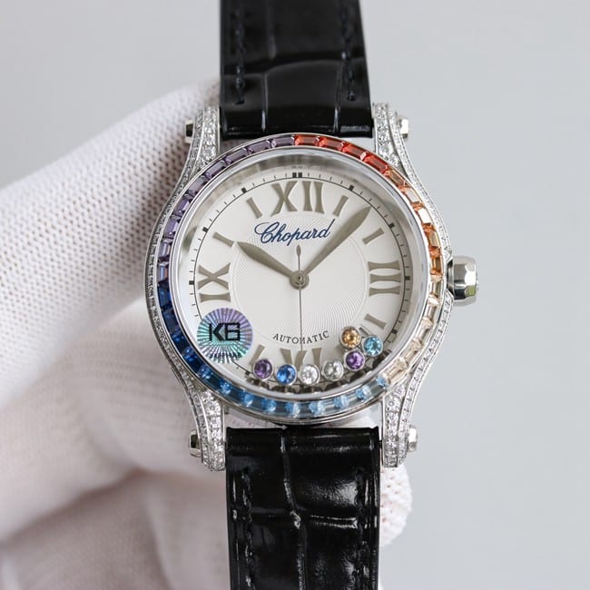 Chopardtop-tier watch chopard Happy Sport series full automatic movement women's white dial black belt front view