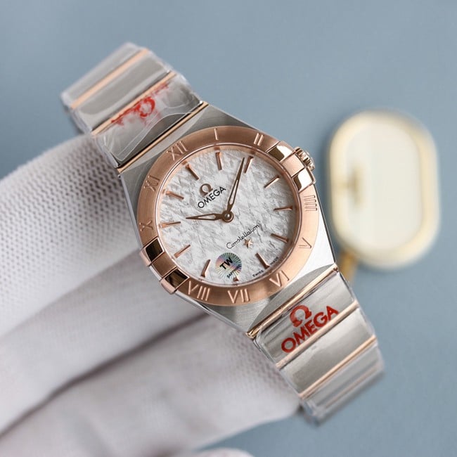 TW factory Omega women's watch white dialsteel bracelet constellation series quartz front view