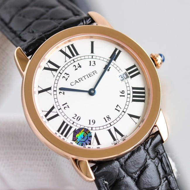 top-tier replicaCartierhigh-quality watch London series couple white dial black belt quartzleather strap front view