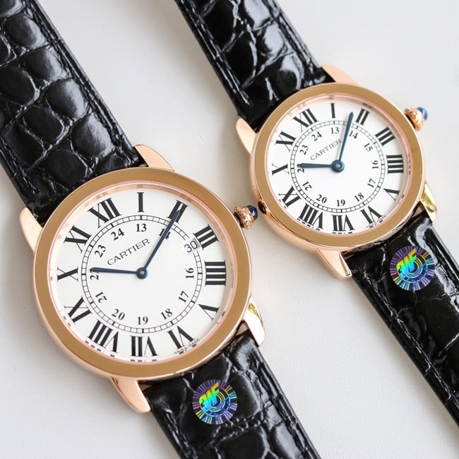 top-tier replicaCartierhigh-quality watch London series couple white dial black belt quartzleather strap front view