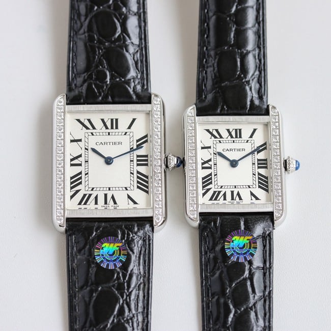 3WF factory Cartiertop-tier watch tank series couple ladies white dial black belt quartzleather strap front view