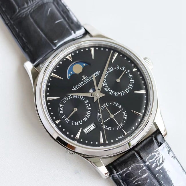 TW factory Jaeger-LeCoultre perpetual calendar top-tier watch men's black dial black belt master series fully automatic movementleather strap watch front view