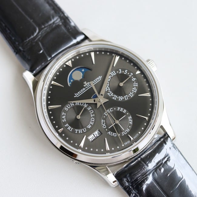 TW factory Jaeger-LeCoultre perpetual calendar top-tier watch men's black dial black belt master series fully automatic movementleather strap watch front view