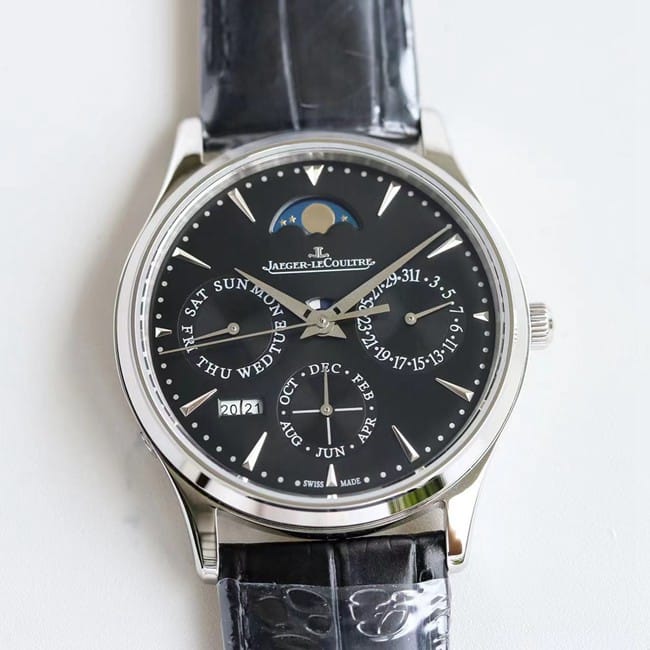 TW factory Jaeger-LeCoultre perpetual calendar top-tier watch men's black dial black belt master series fully automatic movementleather strap watch front view