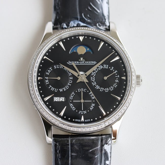TW factory Jaeger-LeCoultre perpetual calendar men's black dial black belt full automatic movement master series leather straptop-tier watch front view