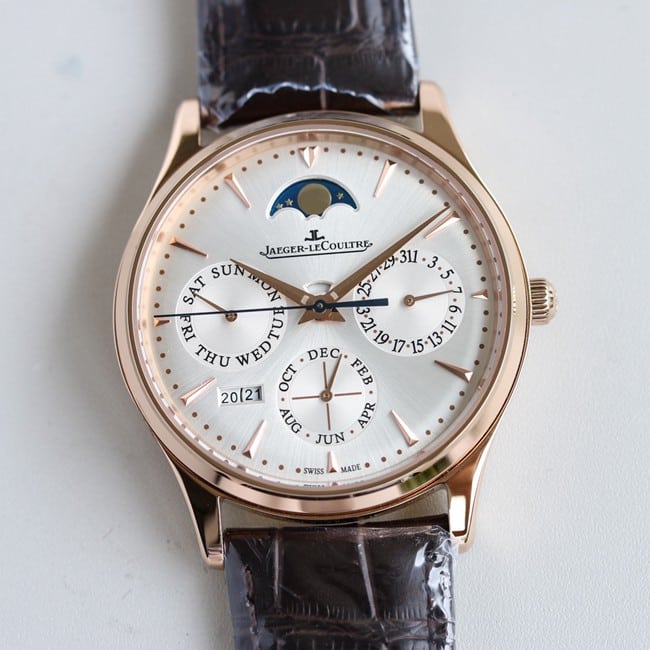 TW factory Jaeger-LeCoultremoon phase watch three major complex functions master series fully automatic movement men's white dial brown belt watch top-tier replicaleather strap front view