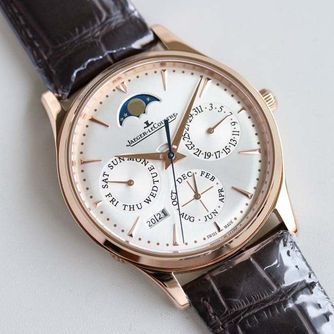 TW factory Jaeger-LeCoultremoon phase watch three major complex functions master series fully automatic movement men's white dial brown belt watch top-tier replicaleather strap front view