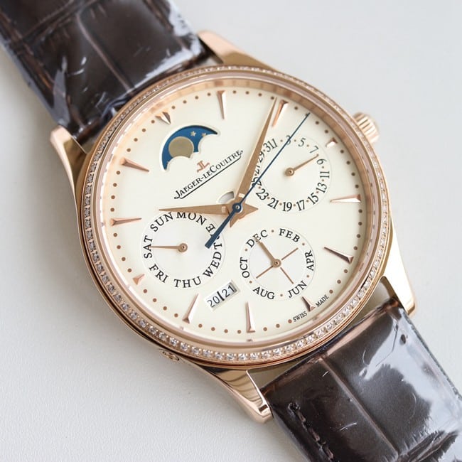 TW factory Jaeger-LeCoultretop-tier watch fully automatic movementleather strap men's white dial brown belt watch master series front view