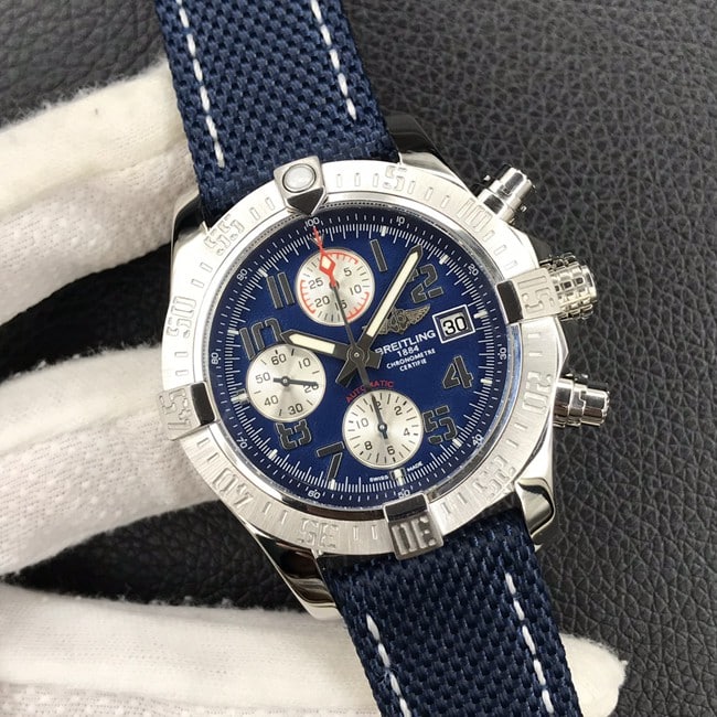top-tier replicaBreitlinghigh-quality men's blue dial nylon strap Avengers chronograph fully automatic movement watch front view