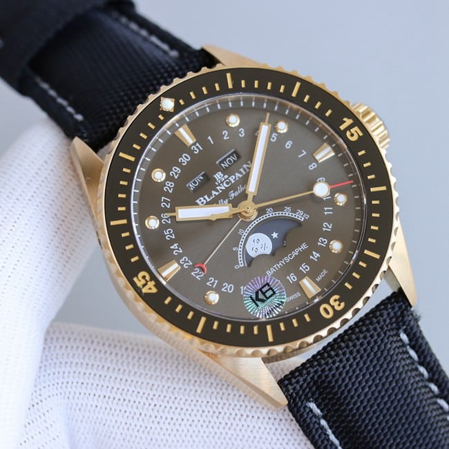 TWtop-tierBlancpainreplica watch men's black dial blue belt fifty fathoms series full automatic movement front view