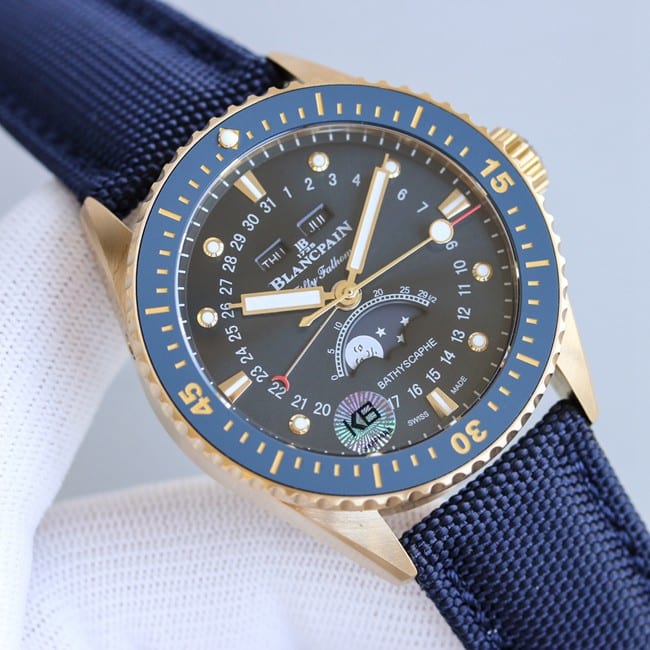 TWtop-tierBlancpainreplica watch men's black dial blue belt fifty fathoms series full automatic movement front view