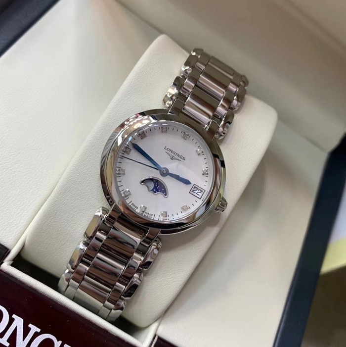 top-tier watch Longines women's white dialsteel bracelet real gold and diamond heart moon series moon phase watch
